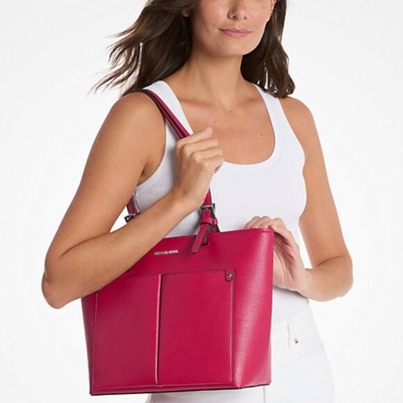 New Michael Kors Jet Set Travel Medium Double Pocket Tote Dark Raspberry - Picture 2 of 5